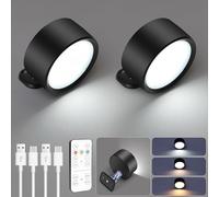 HOTUT Applique Murale Interieur, 2 pcs Lampe Murale Rotatifs 360° avec Télécommande et Tactile, Lampe Murale LED Rechargeable, 3 Couleur et Luminosité Réglable et Minuterie, Lampe de Chevet Liseuse