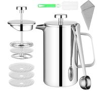 HOTUT Cafetière a Piston en Acier Inoxydable avec Flitres et Cuillère, 350ML French Press 3 en 1 Acier Français avec kit de Nettoyage, Double Paroi Cafetiere Café, Cafetière Pression, Isolation