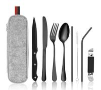 HOTUT Couverts de Camping, 9 Pièces Portables Ensemble de Couverts en Acier Inoxydable avec étui Portable, Passe au Lave-Vaisselle, Couteau/Fourchette/Cuillère/Baguettes pour Voyage Camping Bureau