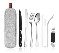HOTUT Couverts de Camping, 9 Pièces Portables Ensemble de Couverts en Acier Inoxydable avec étui Portable, Passe au Lave-Vaisselle, Couteau/Fourchette/Cuillère/Baguettes...pour Voyage Camping Bureau