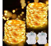 HOTUT LED Guirlande Lumineuse, 2 Pièces 10M 100LED Guirlande Lumineuse à piles en fil de cuivre, IP65 imperméable Lumières d'Halloween, Party decor Light pour Interieur Exterieur - Blanc Chaud