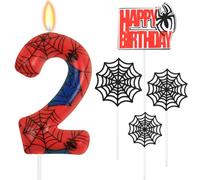 HOTUT Lot de 2 bougies d'anniversaire, en forme de chiffre, décoration d'araignée, avec toile d'araignée, bleu et rouge, pour le 2ème anniversaire