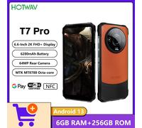 HOTWAV T7 Pro téléphone robuste 6GB RAM + 256GB ROM 6.6 "2K FHD + affichage 64MP caméra arrière 6280mAh MTK MT8788 4G Android 13 Smartphone Orange