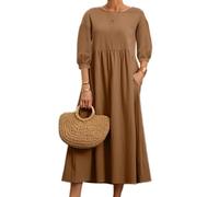 HOTYD Robe midi décontractée en coton pour femme - Manches 3/4 - Col rond - Coupe trapèze ample - Avec poches