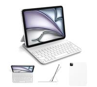 HOU Coque Clavier pour iPad Air 11" M4/M3/M2 (2026/2025/2024), Air 5e/4e génération, Pro 11" 1ᵉʳ/2ᵉ/3ᵉ/4ᵉ génération, Clavier AZERTY Fin Et Léger, Étui Ergonomique en Similicuir, Blanc
