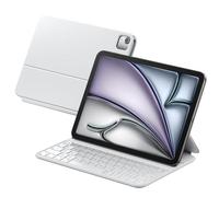 HOU Étui Clavier Compatible avec iPad Air 6/5/4/Pro 11" & Air 11 Pouces (M3/M2, 2025/2024) - Clavier AZERTY - Étui Ergonomique en Similicuir, Blanc