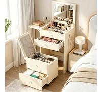 houcheyai Coiffeuse étroite (50 cm) avec miroir pliant, petite coiffeuse avec plateau rabattable, tabouret 3 en 1 avec roulettes, coiffeuse avec plusieurs compartiments de rangement, pour petits
