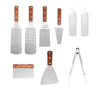 HOUDERCO 1ensemble Set Ustensiles pour Barbecue INOX avec Manches Bois Kit Pratique pour Plancha et Brasero Accessoires Multifonctions pour Grillades Extérieur