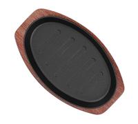 HOUDERCO Poêle à Steak en Fonte avec Base en Bois, Antiadhésive et Facile à Nettoyer, Assiette de Service Élégante pour Restaurant et Cuisson de Viande Grillée