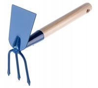 Houe de jardin KADAX avec manche en bois, rectangle, 3 dents, bleu