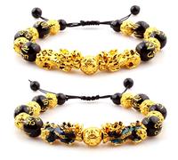 Houhounb Bracelet chinois Pi Xiu Feng Shui - Noir - Obsidienne Pixiu - Avec œil de tigre et double Pixiu - Bonheur - Troupes braves - Bijoux pour la chance et la richesse, 16.5 centimeters, Caoutchouc