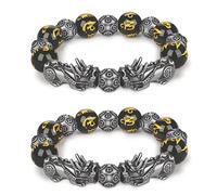 Houhounb Lot de 2 bracelets chinois Pi Xiu Feng Shui en obsidienne noire avec œil de tigre et double Pixiu porte-bonheur et brave Troop porte-bonheur pour la richesse, A-5