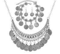 Houhounb Lot de 4 pièces de monnaie vintage métallisées avec boucles d'oreilles, bracelet et collier - Style bohème - Pour femmes et filles - Argenté, Acier inoxydable