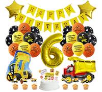 Houhounb Véhicules de chantier - Décoration de fête - 6 ans - Pelleteuse - Ballons de construction - Bannière Happy Birthday - Ballons en aluminium - Décoration d'anniversaire pour 6e anniversaire