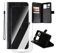 Houjunor Étui en Cuir à Rabat magnétique pour Cubot X100 (Noir), résistant aux Chocs, Compartiments Cartes et Fonction Support, inclut 1 Film de Protection en Verre trempé HD