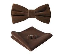 HOULIFE Ensemble nœud papillon pour homme - Nœud papillon pré-noué en velours réglable, couleur unie, boutons de manchette pour marié, fête de mariage, formelle avec boîte cadeau, marron, M