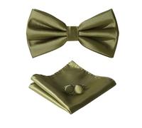 HOULIFE Ensemble nœud papillon pour homme - Nœud papillon réglable en satin polyester pré-noué, mouchoir uni, boutons de manchette pour marié avec boîte cadeau, vert olive, 12x7cm