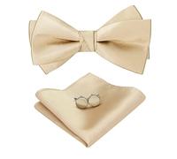 HOULIFE Ensemble nœud papillon pour homme - Nœud papillon réglable en satin polyester pré-noué, mouchoir uni, boutons de manchette pour marié, mariage formel avec boîte cadeau, Champagne, 11.5x6cm