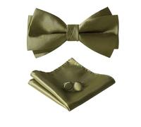 HOULIFE Ensemble nœud papillon pour homme - Nœud papillon réglable en satin polyester pré-noué, mouchoir uni, boutons de manchette pour marié, mariage formel avec boîte cadeau, vert olive, 11.5x6cm