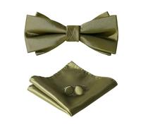 HOULIFE Ensemble nœud papillon pour homme - Nœud papillon réglable en satin polyester pré-noué, mouchoir de poche uni, boutons de manchette pour marié, mariage formel avec boîte cadeau, vert olive,