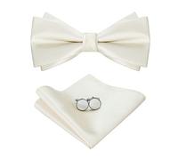 HOULIFE Ensemble nœud papillon pour homme - Nœud papillon réglable en satin polyester pré-noué, mouchoir uni, boutons de manchette pour marié, mariage formel avec boîte cadeau, ivoire, 12x6cm
