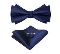 HOULIFE Ensemble nœud papillon pour homme - Nœud papillon réglable en satin polyester pré-noué, mouchoir uni, boutons de manchette pour marié, mariage formel avec boîte cadeau, Bleu marine, 12x6cm