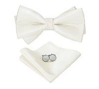 HOULIFE Ensemble nœud papillon pour homme - Nœud papillon réglable en satin polyester pré-noué, mouchoir uni, boutons de manchette pour marié, mariage formel avec boîte cadeau, ivoire, 11.5x6cm