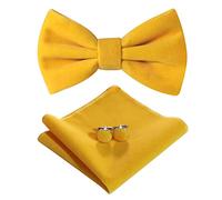 HOULIFE Ensemble nœud papillon pour homme - Nœud papillon réglable en velours pré-noué, mouchoir uni, boutons de manchette pour marié, mariage formel avec boîte cadeau, jaune, M