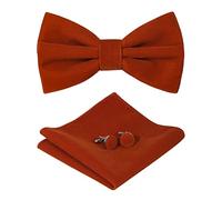 HOULIFE Ensemble nœud papillon pour homme - Nœud papillon réglable en velours pré-noué, mouchoir uni, boutons de manchette pour marié, mariage formel avec boîte cadeau, rouge brique, M
