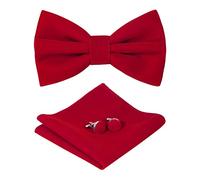 HOULIFE Ensemble nœud papillon pour homme - Nœud papillon réglable en velours pré-noué, mouchoir uni, boutons de manchette pour marié, mariage formel avec boîte cadeau, rouge, M