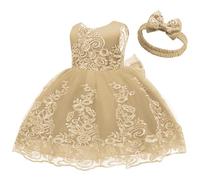 Houolsator Robe en Or pour Les Tout-Petits, Robe de Princesse en Dentelle V-Back avec Coiffure à Bowknot pour Enfants baptême de baptême Communion Communion fête d'anniversaire, M Costumes Princesse