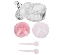 Houppette Sèche pour Bébé avec Bocal en Verre et Couvercle | Format 90x30mm, Deux Houppettes Blanches et Roses, Deux Cuillères Incluses, Style Vintage Chic