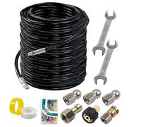 Hourleey Kit de jet d'égout pour nettoyeur haute pression 60 m, tuyau de nettoyage de canalisations de 6,35 mm NPT, orifice 4.0 bouton nez et buse rotative d'égout, clé à molette, broche de corsage
