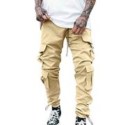 House Boy - Pantalon décontracté pour homme - Coupe décontractée - Couleur unie - Poches de plage - Pantalon cargo d'extérieur, kaki, 3XL