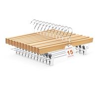 House Day Lot de 15 cintres en Bois de Lotus Massif de qualité supérieure avec 2 Clips réglables, cintres Robustes et antidérapants pour Pantalons, Jeans, Pantalons, Shorts (Naturel)