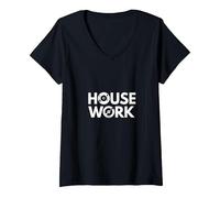House Music Work - Cadeau pour Fan de Disque Vinyle DJ T-Shirt avec Col en V, Femme, Noir, L