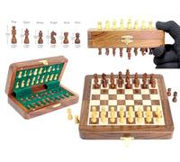 House of Chess - Jeu d'échecs de voyage magnétique pliable en bois de 16,5 cm | Tableau - Notation algébrique - Deux reines supplémentaires - Fait à la main - Qualité supérieure (palissandre doré/bois