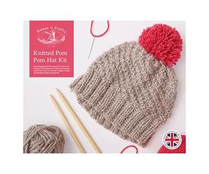 House of Crafts Bonnet pompon tricoté, kit de loisirs créatifs, multicolore, comprend une pelote de laine acrylique épaisse de 100 g, une pelote de laine acrylique Baby DK de 50 g, des aiguilles à