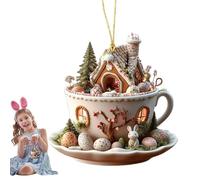House Ornaments - 12cm Flat Easter Egg Bunny House Cup Tree Decoration, Seasonal Holiday Decor, Hangable Charm | Cute Door Wall Window Tree Ornament For Parties Spring Celebration Indoor Outdoor Decor