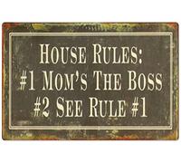 House Rules #1 Mom'S The Boss,#2 See Rules #1 Décoration murale de cuisine Décoration murale Affiche en métal 20,3 x 30,5 cm