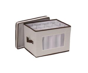 Household Essentials 544 Stemware Storage Box with Lid and Handles | Dinnerware Bin for Champagne Glasses | Natural Canvas with Brown Trim