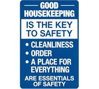 Housekeeping Creates Safer Workplace Blue White Tin Plaque 8 X 12 in | Break room cleanliness order sign with four mounting holes easy