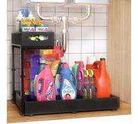 Housolution Rangement sous Évier en Métal, Largeur Extensible de 35 à 52 cm, Hauteur Réglable de 34 à 45 cm, Organisateur Étagère sous Évier Coulissant pour Placard de Cuisine, Un Côté