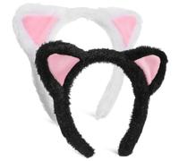 Housoutil 2 Pièces Lot de 2 Serrage-Têtes Bandeaux Duveteux Oreilles de Chat Blanc et Noir Accessoires pour Soins Peau et Maquillage Bandeaux Ajustables 17X18 CM pour Adultes Décorations