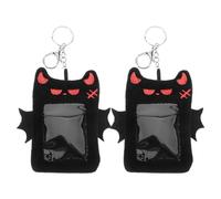 Housoutil 2 Pièces Porte-cartes Pelucheux Ailes de Démon avec Porte-clés Pochette Protectrice pour Photos Cartes Identité et Bancaires Accessoire Halloween Noir