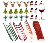 Housoutil Breloques en Bois pour Verre à Vin Noël 80 Pièces 10 Modèles Assortis Bonnet de Père Noël Cerf Rouge Cerf Vert Sapin Cloche Renne Bonhomme de Neige Marque-verre Décoratif pour