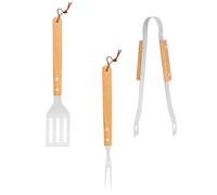 Housoutil Ensemble D’Ustensiles de Barbecue en Acier Inoxydable Poignées en Bois de Chêne 3 Pièces Paquet Oxford Kaki Kit Barbecue D’Extérieur pour Grillades et Camping