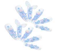 Housoutil Faux Ongles Sirène Longs Taille S Stickers à Coller Motif Méduse 3D en Relief Forme Amande Couverture Complète Patchs Nail Art Bleus pour Femme Pose Facile pour Soirées et