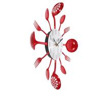 Housoutil Horloge Murale Cuisine en Acier Inoxydable Motif de Forme Géométrique de Couverts Silence Total Design Rouge et Argenté à Suspendre sans Batterie Décoration Fonctionnelle