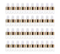 Housoutil Lot de 50 Mini Flacons Compte-Gouttes en Verre 1 Ml Transparents avec Bouchon Blanc et Bague Dorée pour Huiles Essentielles Cosmétiques Liquides et Échantillons de Voyage